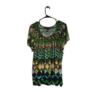 Valerie Stevens Short Sleeve Zig Zag Diamond Blouse Top Size 3X Multicolor 28"L